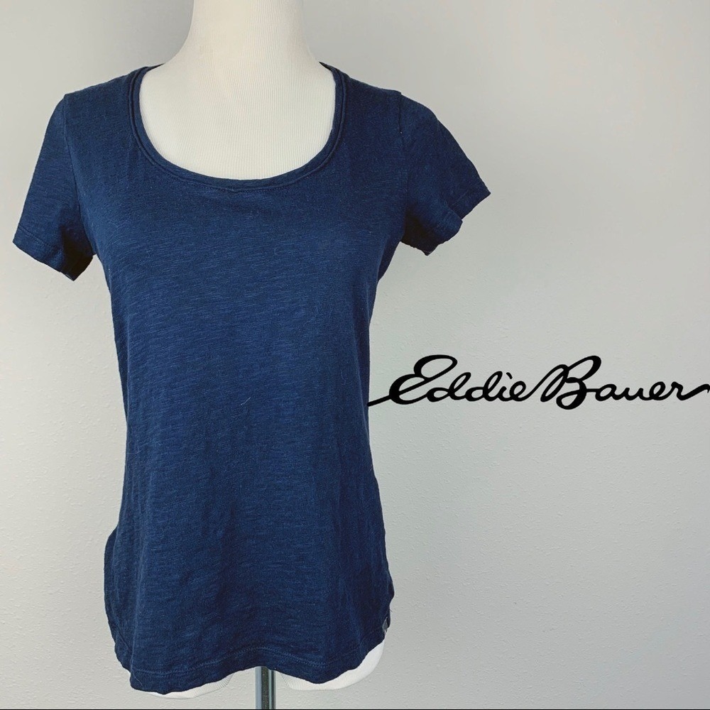 Eddie Bauer Women Navy Blue Slub Cotton Scoopneck Short Sleeve Tee Shirt XS
